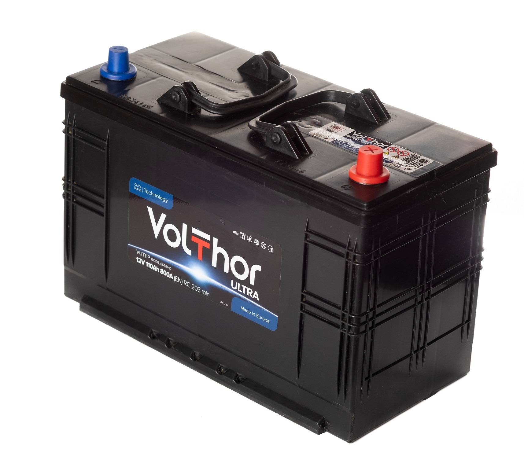 Акумулятор вантажний VOLTHOR 6СТ-110(0) (800А) ULTRA TRUCK 12B, 110Ah, 800A, плюс праворуч (R+) кальцієвий (Ca/Ca) 345X175X218(238) мм